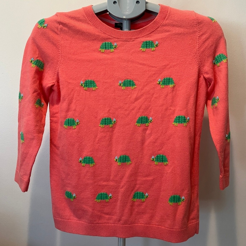 Talbots Petites Coral Pink Turtle Crewneck Sweater Embroidered Beaded 3/4 Sleeve